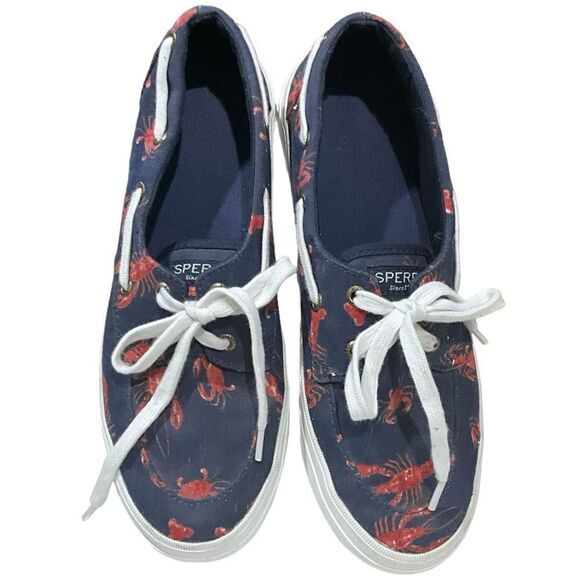 SPERRY Women’s Sz 8 Top-Sider Crest Navy Shoes Lobster/Crab Theme Boating Shoes - Picture 2 of 13